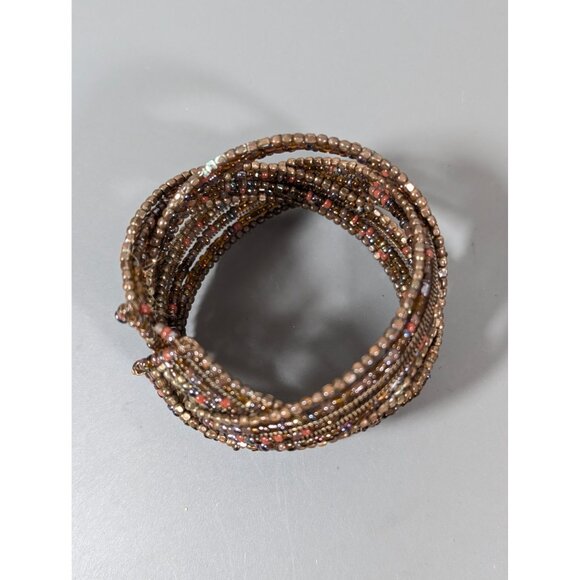 Boho Western Bronze Tone Glass Bead Braided Wide Cuff Bracelet 6.5" - Picture 3 of 6